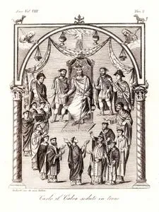 Carlo il Calvo Seduto in Trono, Eur. Vol VIII. Tav.7. (King Charles The Bald, Emperor of the Carolingian Empire Sitting On The 
Throne)
