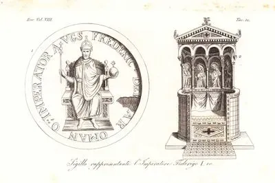 Sigillo Rappresentante l’Imperatore Federigo I, Eur. Vol VIII. Tav.10. (Portrait Of Frederick I., Holy Roman Emperor, From His Seal
 And His Throne)