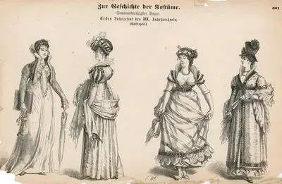 Early Nineteenth Century- Empire Style (Ersy-tes Jahrzehnt des XIX Jahrhunderts (Kaiserzeit))- Lady with a Spencer (Dame im Spencer)- Lady in Ball Gown (1805) (Dame im Ballkleid), Lady with High Hat (Dame in Cylinderhut)