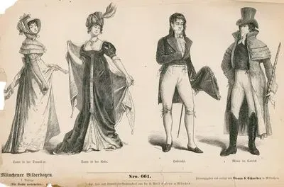 Early Nineteenth Century- Empire Style (Ersy-tes Jahrzehnt des XIX Jahrhunderts (Kaiserzeit))-  Lady in Douillette ( Dame in der Drouillette), Lady in Gown (Dame in der Robe)- Court Dress (Hoftracht), Man with Garrick (Mann im Cattick)