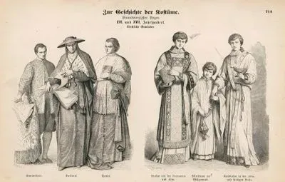 Sixteenth and Seventeenth Centuries (XVI und XVII Jahrhundert)-Chamberlain (Kammerherr), Cardinal (Kardinal), Prelate (Pralat)-Deacon with Dalmatic and Alb (Diakon mit der Dalmatica und Alba), Acolyte in Surplice (Ministrant im Chorhemd), Subdeacon in Alb and Colored Stole (Subdiakon in der Alba und farbigen Stola)