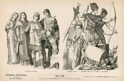 Fifth to Tenth Centuries (V. bis X. Jahrhundert) - Ancient Egypt (Vorchristliche Zeit (Alt-Agypter))- Frankish Court Dress (Frankische Hoftrachten)- Ancient Egyptian Soldiers (Agyptische Krieger), Egyptian King in Battle Attire (Agyptischer Konig im Kriegskleide), Charioteer (Wagenlenker)