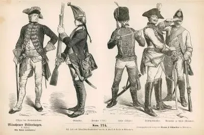 Second Half of Eighteenth Century (Zweite Halfte des XVIII Jahrhundert)- Officer of Guard Battalion (Offizier des Gardebataillons) and Grenadier (Grenadier) Prussia (1760) (Preussen, 1760)- Officer of Hussars (Husar (Offizier)), Cuirassier in Sedlitz (Sindlit Kurassier); Army, Mounted Grenadier (Private) (Grenadier zu Pferd (Gemeriner)) Prussia (1760) (Preussen, 1760)