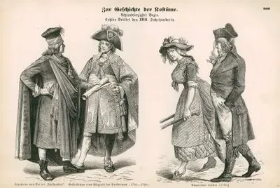 Late Eighteenth Century (Letztes Drittel des XVIII Jahrhunderts)- Member of the Council of the Five Hundred (Deputirter vom Rat der "Funfhundert") and Gala Dress of the Directoire (1794-1799) (Galla-Rostum eines Milglieds des Direktoriums)- Middle-Class Dress (1796) (Burgerliches Rostum, 1796)