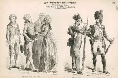 Late 18th Century (Letztes Drittel des XVIII Jahrhundert), French Republic (Franzosische Republik)- Bourgeois (1790 -1792) (Burgerlich Tracht, 1790 -1792)- Infantryman (1799) (Infanterie, 1799) and Grenadier (1795)