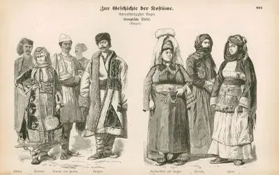 Folk Dress in European Turkey (Europaische Turkei) (19.Century)- Skodra, Prizren(Prizrend), Arnauts from Janina ( Arnante aus Janina), Bulgar(Bulgare)- Kurdish Woman from Jugate(Kurden-Frau ans Tuzgat), Preveza(Prevesa), Chios