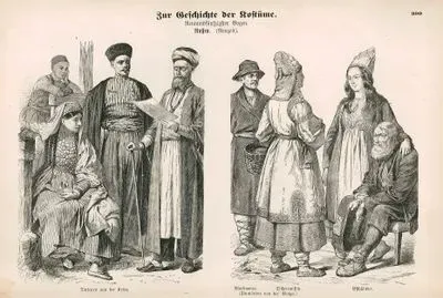Russian Folk Dress(Russen, Neuzeit) (19.Century)-Tartars from the Crimea(Tartaren aus der Krimm)- Mordvin (Volga Finn) (Mordauer), Cheremiss (Mari) Woman (Tschermissin), Estonians(Esthlander (Finnlander von der Wolga))