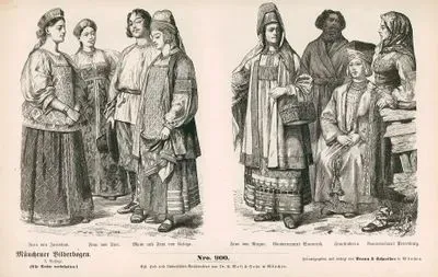 Russian Folk Dress(Russen, Neuzeit) (19.Century)- Woman from Jaroslaw (Frau von Taroslaw), Woman from Tver (Frau von Iver) and Man and Woman from Kaluga (Mann und Frau von Kaluga)- Woman from Ryazan(Frau von Riazan), Guberniya of Vornezh(Gouvernement Woronesh), Finnish Woman (Finnlanderin), Guberniya of St.Petersburg (Gouvernement Petersburg;)