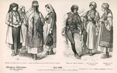 Dalmatia- Girl from Draste Boka Kotorska (Madchen aus Draste (Bocche de Cattaro)), Women and Girl from Kuzevice Boka Kotorska (Frauen und Madchen aus der Crivoscie (bocche di Cattaro))- Man from Tartaro Near Sibenico (Sebenico) (Mann aus Tartaro (Sebenico)), Woman from the Islands off Sibenik (Frau von den Inseln bei Sebenico) and Girl from Bukovica (Madchen aus der Bukovica)