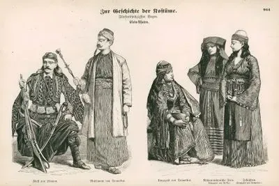 Near East(Asia Minor) ( Klein Asiaten)- Prince of Lebanon (Furst von Libanon) and Moslem of Damascus (Muselmann von Damaskus)- Vicinity of Damascus (Umgegend von Damaskus), Moslem Woman Vicinity of Mecca (Mohammedanische Frau (Umgegend von Mekka)), Fellah Woman Vicinity of Damascus (Fellahfrau (Umgegend von Damaskus))