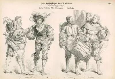 First Third of the 16.Century (Erstes Viertel des XVI Jahrhunderts) Lansquenet (Landsknechte)- Soldiers (Landknechte)- Drummer (Trommler) and Stand Bearer (Fahnentrager)