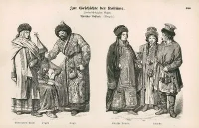 Asiatic Russia (Asiatisches Russland) (19.Century)- Guberniya of Tomsk ( Gouvernement Tomsk), Kirghiz Woman(Kirgisin) and Man(Kirgise)-  Siberia Tartar Woman (Sibiriche Tartarin), Kalmucks (Kalmuchen)