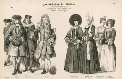 Early 18. Century (Anfang des XVIII Jahrhundert), Switzerland (City of Zurich) (Schweiz (Kanton Zurich))- Student, Townsman (Burger), Councilman (Ratsherr), Nobleman (Junker)- Women's Ceremonial Dress (Frauen Tracht bein Ehren-Anlassen), Noblewoman in Mourning (Adelige Frau in Trauer), Girl's Domestic Attire (Fraulein-Tracht im Hause) and Girl with "Rose Cap" (Frauein mit der Rosenkappe)