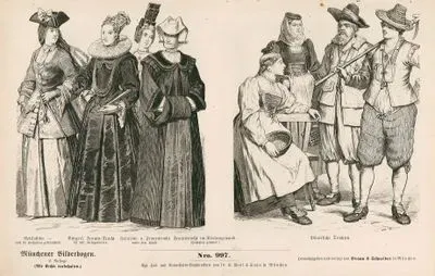 Early 18. Century (Anfang des XVIII Jahrhundert), Switzerland (City of Zurich) (Schweiz (Kanton Zurich))- Riding Attire also Worn at Weddings (Reitkostum (auch bei Hochzeiten gebrauchlich)), Festive Middle Class Women's Attire (Burgerl. FrauenTracht (bei setzt. Gelegenbeiten)), Girls' and Women's Visiting Dress (Fraulein u. Frauentragt (ausser dem Hause)) and Churchgoing Dress called "Hussegken" (Frauentracht im Kirchengewand (Hussegten genannt))- Peasants (Bauerliche Trachten)