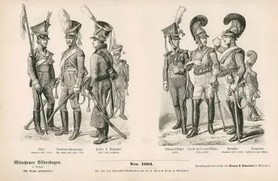 19.Century (XIX. Jahrhundert)- Bavarian Army (Bayerisches Militar)- Uhlan private (1814-1822) (Ulan, Gemeiner, 1814-1822), National Light Cavalryman in Regiment (1813-1815) (National Chevauleger, Reg. Prinz Karl, 1813-1815) and Hussar of the 2nd Regiment (1815-1822) (Husar, 2 Regiment, 1815-1822, ausgelost)- Uhlan Officer 1813 (Ulanen Offizier,1813), Garde du Corps, Officer in the Private (1814-1823) (Garde du Corps-Offizier, 1814-1823), Cuirassier Garde du Corps  (1815-1825) (Kurassier, Gemeinde, 1815-1825) and Trumpeter of Corps Gala (Trompeter, Garde du Corps, Galla)
