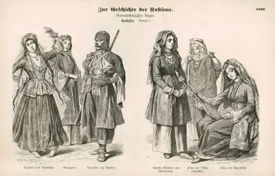 Caucasus (Kaukasien) (19.Century)- Bajadere from Shemakha (Bajadere aud Chemakha), Georgian Woman (Georgierin) and Circassian from Khevsur (Circassier aus Kheviur)- Cossack Girl from Cherlenaya (Kosaken Madchen aus Tcherrlenaia), Woman from Akhty in Dagestan (Frau aus Akhth (Dagestau)) and Woman from Kazanistih (Frau aus Kazanistih)