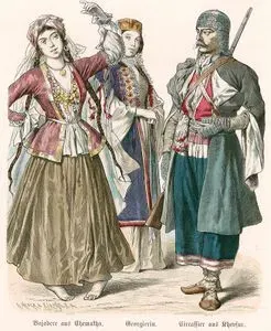 Caucasus (Kaukasien) (19.Century)- Bajadere from Shemakha (Bajadere aud Chemakha), Georgian Woman (Georgierin) and Circassian from Khevsur (Circassier aus Kheviur)
