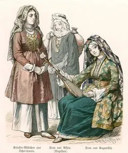 Caucasus (Kaukasien) (19.Century)- Cossack Girl from Cherlenaya (Kosaken Madchen aus Tcherrlenaia), Woman from Akhty in Dagestan (Frau aus Akhth (Dagestau)) and Woman from Kazanistih (Frau aus Kazanistih)