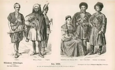 Caucasus (Kaukasien) (19.Century)- Tushin (Tuschine), Militiamen from Anapa (Miliz zu Anapa) and Lexghian (Lesghier)- Cossack Woman from the Black Sea (Kosaken vom Schwaren Meer), Cossack of the Line (Kauk. Linien Kosak) and Inhabitant of Kabardah (Bewohner von Kabardah)