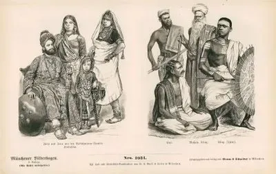 East India (Ostindien) India and Malaysia (19.Century)- Prince and Woman of Rajputana (Furst und Frau ans den Radfchputana Staaten) and  Hindu Woman (Hindufrau)- Coolie(Kuli), Muham (Muham Kling), Kling (Tjetti)