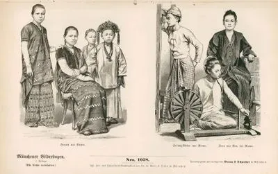 Siam (Thailand) and Myanmar(Burma) (1886)- Women of the Karen Tribe (Mountains of Burma) (Frauen aus Birma)- Pu-cho Weavers from Burma(Sarong Beber aus Birma)- Women from Ava Former Capital of Burma (Frau aus Ava, bei Birma)