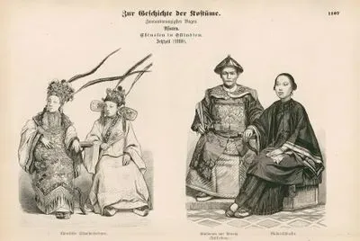 Chinese in East India(Asia-Malaysia and Southern Chinese) (Asiaten-Chinesen in Ostindien) 1880- Chinese Actresses(Chinesische Schauspielerinnen)- Merchant from Penang in Festive Dress (Kaufmann aus Penang) and Woman from Macao(Macau Chinesin)