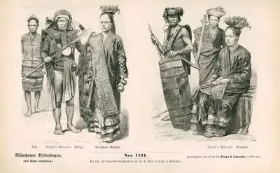 Asia (Asiaten), 1880-  Dyaks Woman (Borneo), Warrior and Girl of the Aristocracy- Dyaks and Princess