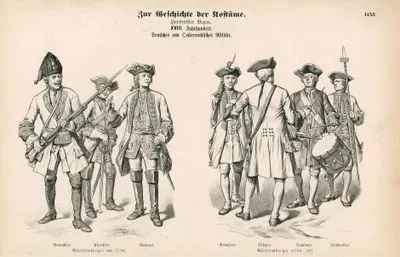 18.Century (XVIII. Jahrhundert), German and Austrian Armies(Deutches und Osterreichisches)- Wurttemberg (1730), Grenadier, Cuirassier(Kurassier) and General- Wurttemberg (1724-1738), Soldier(Gemeiner), Officer(Offizier), Drummer(Tambour) and Sergeant(Feldwaibel)
