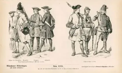 18.Century (XVIII. Jahrhundert), German and Austrian Armies(Deutches und Osterreichisches)- Army of the Archbishop of Konstanz(Erzbischöfliche Konstanzer Militar) (1738), Officer of Grenadiers, Grenadier, Dragoon(Dragoner) and Infantryman- Austria (Osterreicher) (1728)