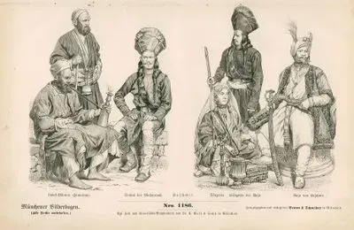 19.Century (XIX. Jahrhundert), Kashmir(India)- Men from Ladaskh in the Himalayas(Ladaf Manner, Himalaya) and Soldier of the Maharahah (Soldat Des Maharahah)- Dancing Girl(Tanzerin), Personal Guard of the Rajah(Leibgarde des Raja) and Rajah(Raja von Kaschmir)