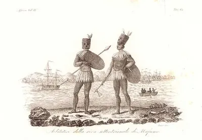 Abitatori Della Riva Settentrionale Di Mafumo, Africa Vol.IV. Tav.61. (Combat Dress of the Indians of the Delagoa (Mapoto) Bay in Mozambique)