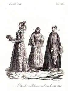 Abiti Dei Milanesi Nel Secolo XV. E XVI., Eur. Vol VIII. Tav.128*. (Clothes Of The Milanese in The XV. And XVI. Century)