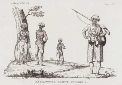 Ragiaputra Rahut B'Halyam &.,  Asia Vol. III Tav.16. (Brahmin Rajput Warriors, Rahut (Rawat) Mountain Warrior And Bahelia (B'Halya) Soldier in The XVIII. Century)