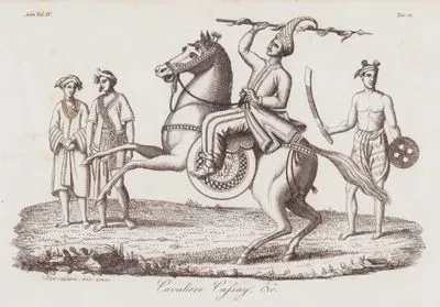 Cavaliere Cassay & C.., Asia Vol. IV Tav.70 (Cassay Cavalry, Burmese Peasant With Sword and Shield, People From Kayan Mountain Tribe in The XVIII. Century)
