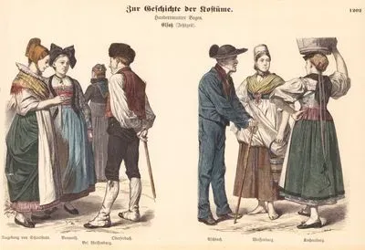 Alsace (Elsaß) (Late 19.Century), Alsatian (German) Folk Dress, Germany-Woman from the Outskirts of Schlettstadt (Umgebung von Schlettstadt), Woman From Brumath, Woman near from Wissembourg (Weißenburg) and Man from Seebach (Oberseebach)- Man From Aschbach, Woman from Weissenburg and from Kochersberg