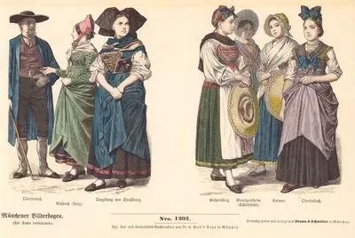 Alsace (Elsaß) (Late 19.Century), Alsatian (German) Folk Dress, Germany-Man from Oberseebach, Women From Aschbach (Sultz) and From Outskirts of Strasbourg- Women From Kochersberg, Krautgersheim (Schlettstadt), Colmar and Oberseebach