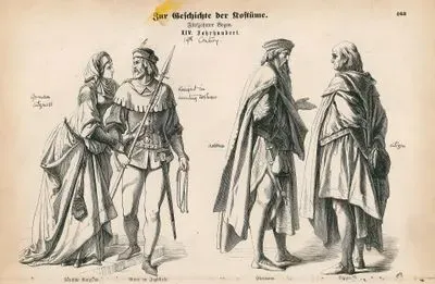 Fourteenth Century (XIV Jahrhundert)- German Chatelaine (Deutsche Burgfrauen), Knight in Hunting Dress (Ritter in Jagdkleid)- Nobleman (Edelman), Townsman (Burger)