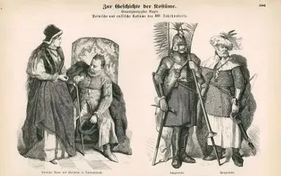 Sixteenth Century (XVI Jahrhunderts)- Poland and Russia (Polnische und Russische)- Polish Lady and Nobleman in National Dress (Polnische Dame und Edelmann in Nationaltracht)- Soldier(Lancer) (Lanzenreiter) and Cavalryman (Panzerreiter)