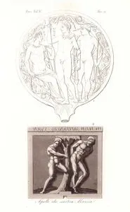 Apollo Che Scortica Marsia, Eur. Vol V. Tav.16. (Apollo Figures Made in Ancient Etruscan Time-The Outer Side of the Mirror Showing Apollo Seated with Two Gods and the Marble Wall Relief Showing Apollo Tying Marsyas to the Tree and Skinning)