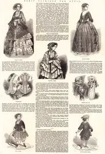 Paris Fashions For April (1852), Walking Dress, Evening Dress, Waistcoats, Girl's Dress, Bou's Russian Dress, Bonnet and Cap