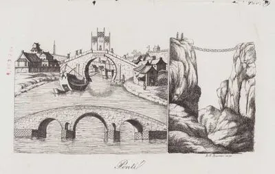 Ponti, Tav.36 (Chinese Bridges, Stone Arch Bridges Over The River and The Rope Bridge Over a Ravine)