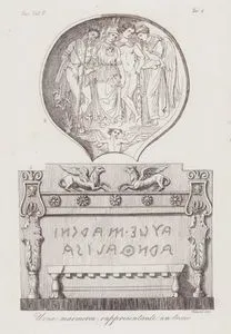 Urna Marmorea Rappresentante Un Trono, Eur. Vol. V. Tav.4. (Ancient Etruscan Marble Urn Showing a Royal Throne and Etruscan Mirror Representing Eris, Menrfa in Helmet, Hercules with Club and Lionskin and Thetis)