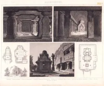 Architektur (Hinduische Tempel (India) - Indian Temples, Ellora Cave Complex)- 1.Grundriss (Ground Plan), 2.Ansicht des Hofes (View of the ourtyard), 3.Grotte des Indratempels (Cave of the Temple of Indra) 4.Ansicht des Tempels des Wischwakarma (View of the Temple of Vishvakarma)  5.Grundriss des Grottentempels Damar Lagna (Ground plan of the rock-cut temple Damar Lagna) 6.Grundriss des Kailasa Sammtlich zu Ellora (Ground plan of the Kailasa Temple, all located at Ellora) 7. Der grossere Tope bei Sanchi (The larger stupa (Tope) at Sanchi)