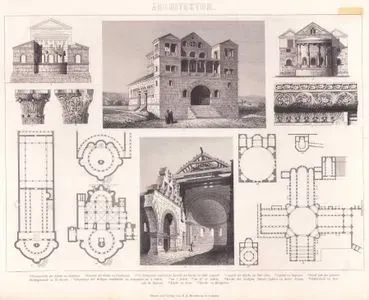 Architektur (Frühchristliche Kirchen - Early Christian Churches) 1.Choranschnit der Kirche zu Baqouxa (Choir section of the church at Baqouxa) 2.Ansicht der Kirche zu Tourmanin (View of the church at Tourmanin) 3. 4. .Choranschnit und innere Ansicht der Kirche zu Qalb-Louzeh (Choir section and interior view of the church at Qalb-Louzeh) 5.Capital der Kirche zu Der-Sita (Capital of the church at Der-Sita) 6.Capital zu Baqouza (Capital at Baqouxa) 7.Detail von der grossen Grabpyramide zu El-Barah (Detail from the large funerary pyramid at El-Barah) 8.Grundriss der heiligen Grabkirche zu Jerusalem im 4 Jahrh (Ground plan of the Church of the Holy Sepulchre in Jerusalem in the 4th century) 9.im 7. 10.Jahr (In the 7th and 10th centuries) 10. im 12. Jahrh (in the 12. century) 11.Kirche des Heiligen Simeon Stylites zu Kalat-Seman (Church of Saint Simeon Stylites at Kalat-Seman) 12.Kathedrale zu Bos-rah im Hauran (Cathedral at Bosrah in the Hauran) 13.Kirche zu Exra (Church at Exra) 14.Kirche zu Moudjelia (Church at Moudjelia)