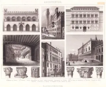 Architektur (Italienische Palaste und Rathhauser-Italian Palaces and Town Halls) 1. Rathhaus zu Florenz (Town Hall in Florence) 2.zu Piacenza (Town Hall in Piacenza) 3.Palast Buonsignori zu Siena (Buonsignori Palace in Siena) 4.Palast Giovanelli (Giovanelli Palace) 5.Palast  Dogenpalast zu Venedig (Doge’s Palace in Venice) 6.Hof im Palast de Audiencia zu Barcelona (Courtyard in the Palace of the Audiencia in Barcelona) 7. Capital im Palast Bernardo (Capital in the Bernardo Palace) 8.-10.Brunnen zu Vendig (Fountains in Venice) 11.12.Capitale im Alten Schlosse zu Trient (Capitalsin the old castle of Trento)