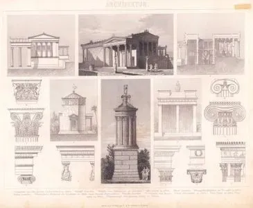 Architektur (Klassische Griechische Architektur -Classical Greek Architecture) 1–3. Ansichten und Durchschnitt des Erechtheion zu Athen (Views and Section of the Erechtheion in Athens.) 4. Capital Desselben (Capital of the Same Structure) 5. Gebalke vom Pandroseon an Demselben (Entablature from the Pandroseion, Adjoining the Same)  6. Windethurm zu Athen (Tower of the Winds in Athens) 7. Detail Desselben (Detail of the Same Structure) 8. Choragisches Monument des Thrasyllos zu Athen (Choragic monument of Thrasyllos in Athens.) 9. Detail Desselben (Detail of the Same Structure) 10. Choragisches Monument des Lysikrates zu Athen (Nach Hansen`s Restauration)(Choragic monument of Lysicrates in Athens (after Hansen’s restoration)) 11.Gebalke Desselben 12.-13. Capitale von Bassa (Capitals from Bassae) 14. Von Athenetempel zu Priene (From the Temple of Athena at Priene) 15. Vom Tempel des Apollo Didy-maos zu Milet (From the Temple of Apollo Didymaios at Miletus) 16. Antencapital vom Grossen Tempel zu Eleusis (Anta capital from the great Temple at Eleusis)
