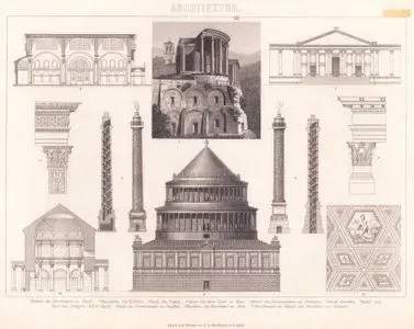 Architektur (Römische Baukunst - Roman Architecture) 1. Ruinen des Vestatempels zu Tivoli (Ruins of the Temple of Vesta at Tivoli) 2. Mausoleum des Hadrian (Mausoleum of Hadrian) 3. Saule des Trajan (Column of Trajan) 4. Saule des Marc Aurel zu Rom (Column of Marcus Aurelius in Rome) 5. Portal des Sonnentempels zu Palmyra (Portal of the Sun Temple at Palmyra) 6. Detail desselben (Detail of the same Structure) 7. Detail zum Thore von Palmyra (Taf.12, Fig. 8.) (Detail of the gate at Palmyra ) 8. Decke im Sonnentempel zu Baalbek (Ceiling of the Sun Temple at Baalbek) 9. Basilika des Maxentius zu Rom (Basilica of Maxentius in Rome) 10. Rundtempel im Palaste des Diocletian zu Spalatro (Round Temple in the Palace of Diocletian at Spalatro)