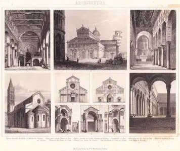 Architektur (Italienische Kirchen der Romanischen Zeit - Romanesque Churches of Italy) 1. Innere Ansicht der Kirche S. Miniato bei Florenz (Interior view of the Church of San Miniato in Florence) 2. Dom und Schiefer Thurm zu Pisa (Cathedral and Leaning Tower of Pisa) 3.  Innere Ansicht der Capella Palatina zu Palermo (Interior view of the Cappella Palatina in Palermo) 4. Domkirche  zu Trau (Cathedral of Trau (Trogir)) 5. Kreuzgang von St.Paul vor Rom (Cloister of St. Paul Outside the Walls (Rome)) 6. Wetseite der Kirche S-Zeno Verona (West façade of the Church of San Zeno in Verona) 7. Wetseite des Doms zu Zara (West façade of the Cathedral of Zara (Zadar)) 8. Portal am Dome zu Verona (Portal of the Cathedral in Verona) 9. an der Kirche S.-Zeno zu Verona (Portal detail of the Church of San Zeno in Verona) 10. am Dome zu Modena (Portal detail of the Cathedral in Modena)