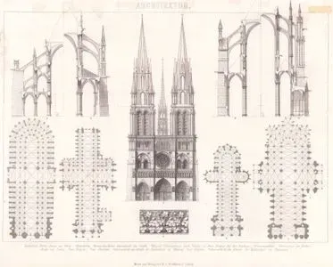 Architektur (Französische Kathedralen, Gotischer Stil I - French Cathedrals, Gothic Style I) Kathedrale Notre-Dame zu Paris (Cathedral of Notre-Dame in Paris) 1. Grundriss (Ground plan) 2. Ursprunglicher Querschnitt des Schiffs (Original Cross-section of the Nave) 3. Facade (Thurmspitzen nach Viollet le-Due`s Projet für den Ausbau) (Façade (with spire-tops according to Viollet-le-Duc’s project for the extension)) 4. Ornamentfries (Ornamental frieze) 5. Grundriss der Kathe Drale zu Laon (Ground plan of the cathedral in Laon) 6. zu Noyon (in Noyon) 7. zu Chartres (in Chartres) 8. Querschnitt des Schiffs der Kathedrale zu Rheims (Cross-section of the nave of the cathedral in Reims) 9. zu Amiens (in Amiens) 
10. Querschnitt der Abside der Kathedrale zu Beauvais (Cross-section of the apse of the cathedral in Beauvais)
