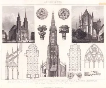 Architektur (Gotische Kathedralen in Deutschland - Gothic Cathedrals in Germany) 1. Lorenzkirche zu Nürnberg (St.Lorenz Church in Nuremberg) 2. Grundriss des Domes zu Magdeburg (Ground plan of the Cathedral of Magdeburg) 3. Choransicht (Choir view) 4. Grundriss des Domes  zu Regensburg (Ground plan of the Cathedral of Regensburg) 5. Westfacade des Domes zu Ulm in seiner Vollendung (West façade of the Cathedral of Ulm in its completed form) 6. Querdurchschnitt vom Dom zu Köln (Transverse section of Cologne Cathedral) 7.-8.  Schlusssteine der Kirche zu Gladbach (Keystone sculptures from the church at Gladbach)  9. Capital vom Dom zu Köln (Capital from Cologne Cathedral) 10.-11. Blatterstrausschen Ahnlicher Capitale im Munster zu Freiburg im Breisgau (Floral-style capitals in the Minster at Freiburg im Breisgau) 12. Capital von der Frauen Kirche zu Esslingen (Capital from the Church of Our Lady in Esslingen) 13. Wasserspeier vom Dom zu Prag (Gargoyle from the Cathedral of Prague) 14. Masswerkconstructionen (Tracery constructions)